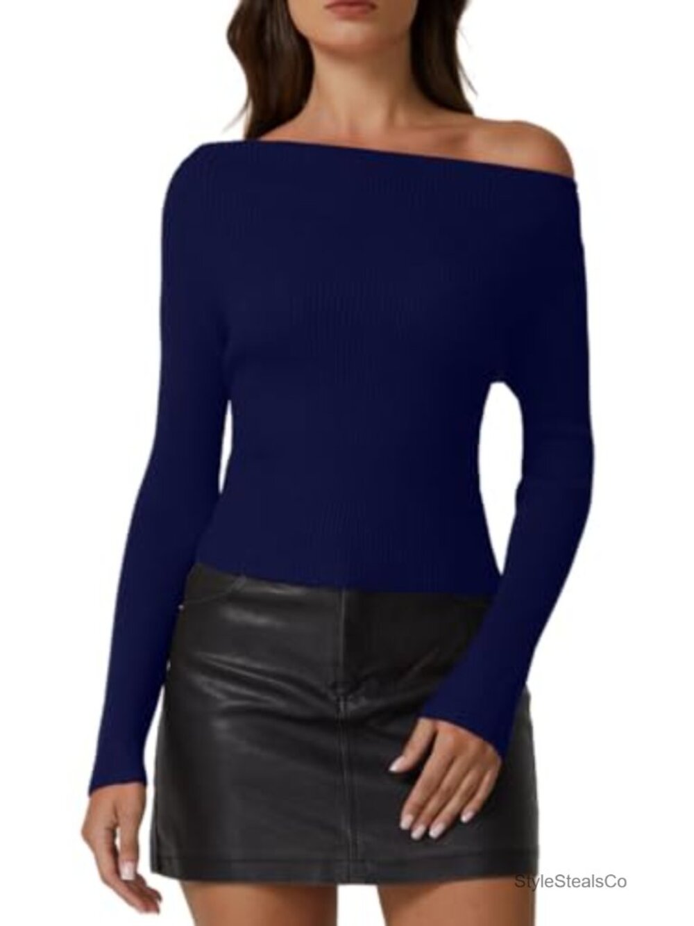 Asymmetrical Neck Long Sleeve Ribbed Knit Slim Fit Pullover Sweater
